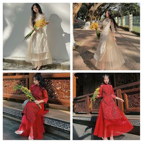 Áo dài cách tân ren hoa tùng xòe dập li xuân tết nude đỏ cổ tàu tay dài cao cấp dạ hội dự tiệc