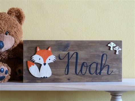 Personalized Wooden Baby Name Sign, Custom Wall Hanging. Baby Fox ...