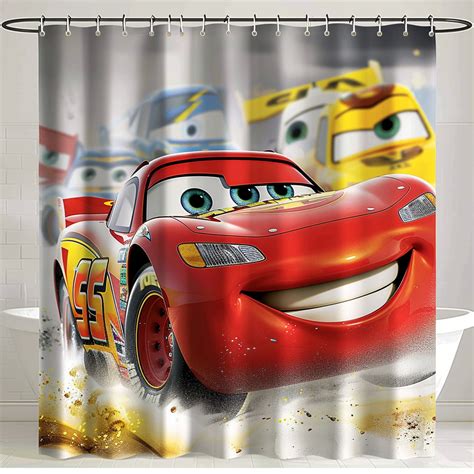 Colorful Pixar Style Red And Yellow Cars Bathroom Shower Curtain With