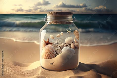 A Glass Jar Filled With Sand And Shells On A Beach Next To The Ocean