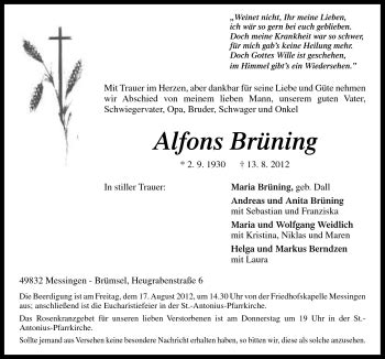 Traueranzeigen von Alfons Brüning noz Trauerportal