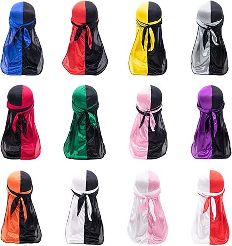 12 Pcs Silk Durag For Men Two Tone Pirate Hat Silky Durags Long Tail