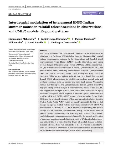 Pdf Interdecadal Modulation Of Interannual Ensoindian Summer Monsoon