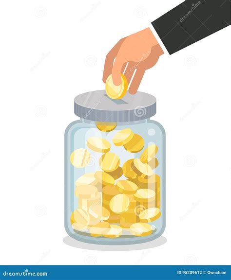 Saving Flat Money Jar With Hand Holding Coin Stock Vector