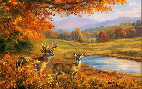 Deer At Autumn Artwork Painting Fall Landscape Trees Colors Pond