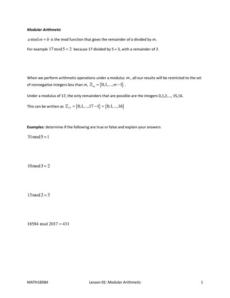 Lesson 13 3 01 Modular Arithmetic Modular Arithmetic A Mod M B Is