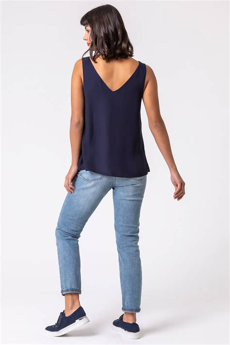 V Neck Sleeveless Vest Top In Navy Roman Originals Uk