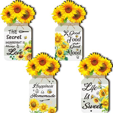 4 Pcs Sunflower Kitchen Wall Decor Mason Jar Set Wooden