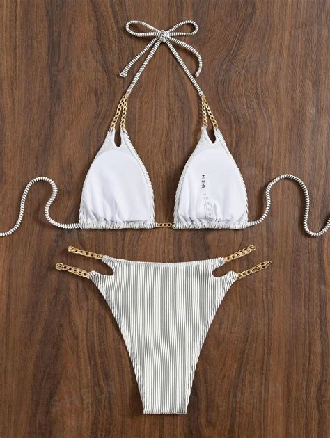 Shein Swim Bikini Halter Vinculado Con Cadena A Rayas De Playa De