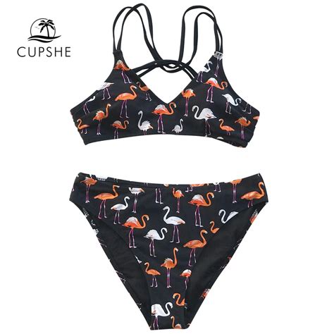 Cupshe Flamingo Print Strappy Bikini Sets Women Back Cross Straps Two