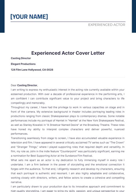 Free Experienced Actor Cover Letter Template Edit Online And Download