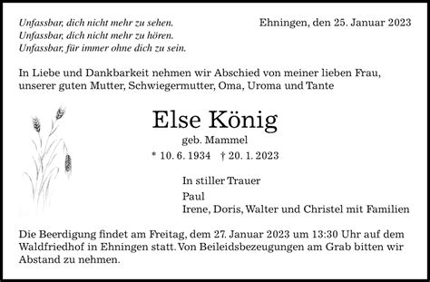 Traueranzeigen von Else König Kreiszeitung Böblinger Bote