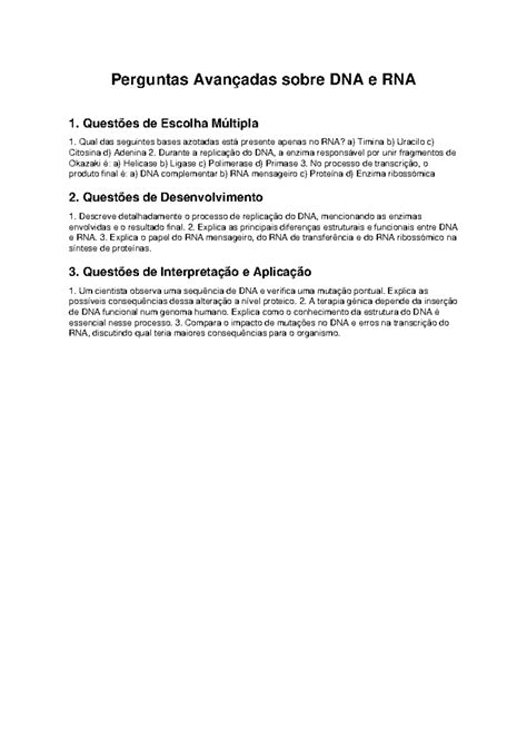Questões Sobre Dna E Rna - Perguntas Avançadas sobre DNA e RNA - Questões e Respostas - Studocu