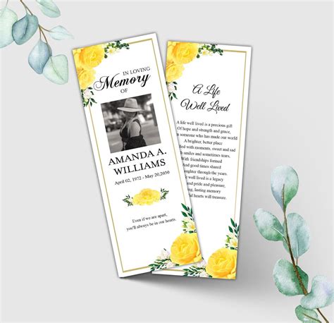 Editable Funeral Bookmark Template Yellow Rose Obituary Etsy