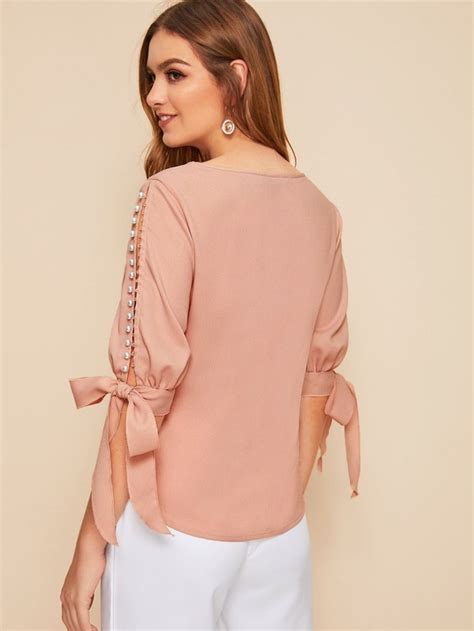 Shein Privé Faux Pearl Self Tie Split Sleeve Top Shein Usa