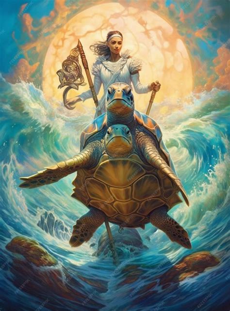 Premium Ai Image A Painting Of A Woman Riding A Turtle With A Cross