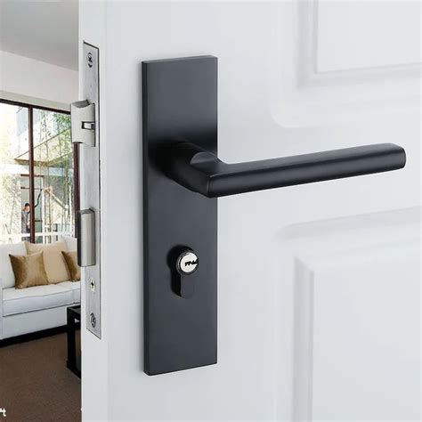 Black solid space aluminum door locks Continental bedroom minimalist interior door handle lock ...