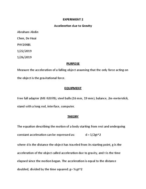 PHY 1 Lab 2 Lab For Acceleration Due To Gravity EXPERIMENT 2