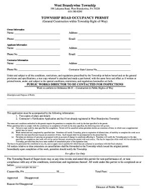 Fillable Online Wbrandywine TOWNSHIP ROAD OCCUPANCY PERMIT Fax Email