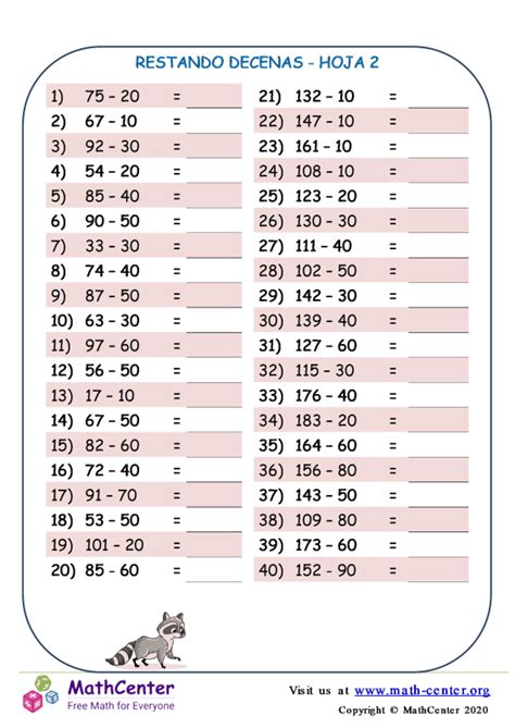 Primer Grado Hojas De Trabajo Restas Mentales De Dos Cifras Math Center