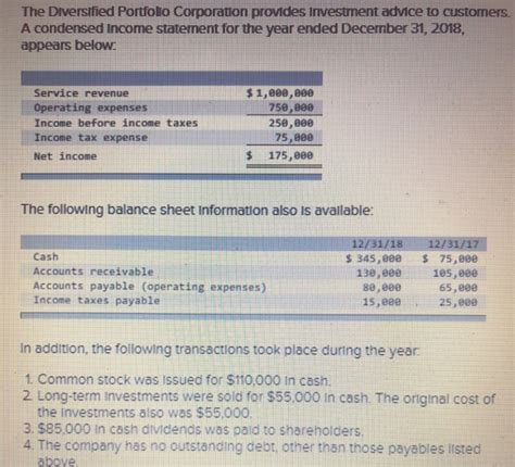 Solved The Diversified Portfollo Corporation Provides Chegg