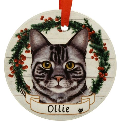 Personalized Silver Tabby Cat Round Ceramic Ornament