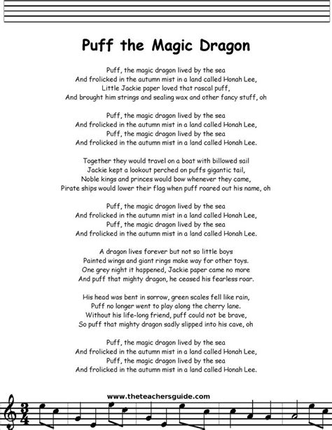 Puff The Magic Dragon Lyrics Printout Midi And Video