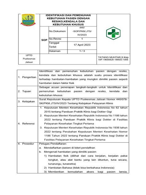 Sop Identifikasi Dan Pemenuhan Kebutuhan Pasien Dengan Resiko Kendala