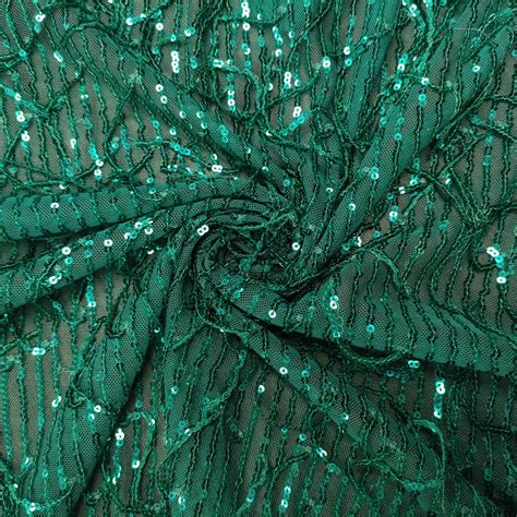 Tessuto Tulle Elasticizzato Ricamato Con Paillettes Verde Smeraldo