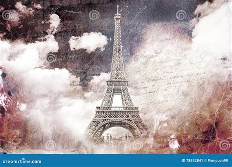 Abstract Digital Art Of Eiffel Tower In Paris Old Paper Postcard