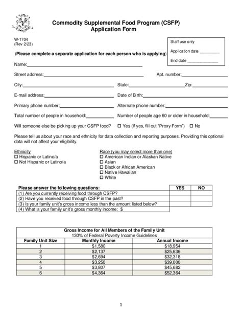 Fillable Online Commodity Supplemental Food Program Application CSFP