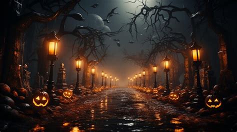 Premium AI Image | Halloween Background with Lanterns in Dark Forest in ...