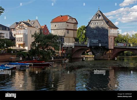 Bridge houses, Old Nahe Bridge, stone bridge, built 1300, Bad Kreuznach ...