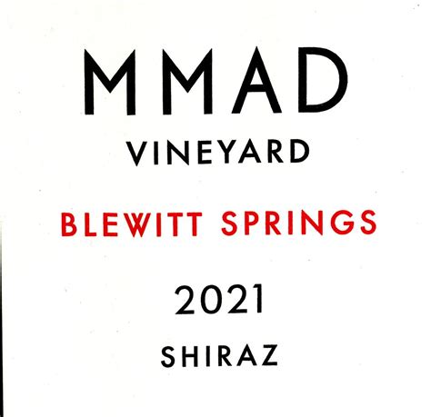 2021 Mmad Vineyard Shiraz Blewitt Springs Australia South Australia