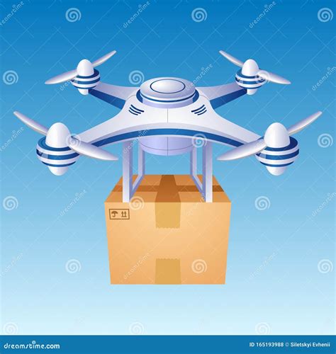 Delivery Drone with a Box, Flying in the Sky, Vector Stock Vector