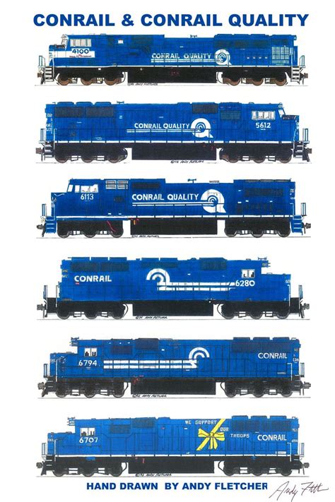 6 Hand Drawn Conrail Locomotive Drawings By Andy Fletcher Train