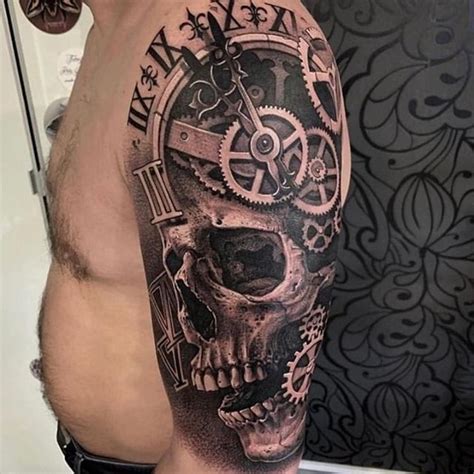 A Man With A Clock And Skull Tattoo On His Arm