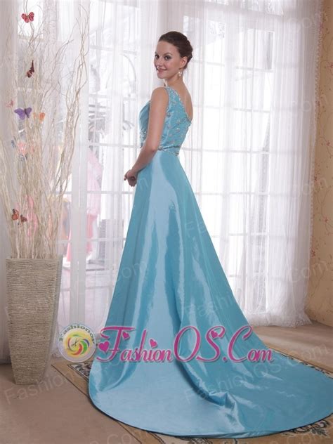 Baby Blue Column Sheath One Shoulder Watteau Train Beading Taffeta