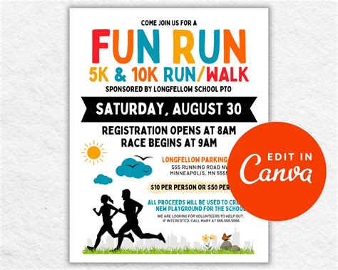 Fun Run Flyer Editable Canva Template Outdoor 5k 10k Run And Walk Race