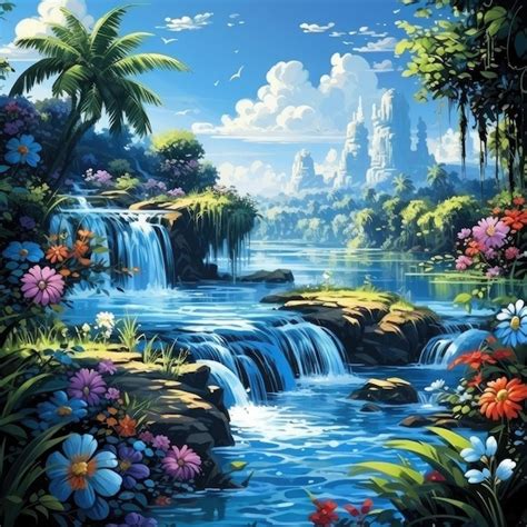 Premium AI Image | Beautiful painting of a waterfall and flowers in nature