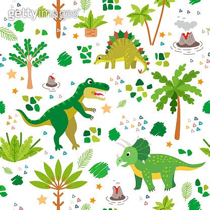 Childish pattern with dinosaurs and tropical leaves and flowers 이미지