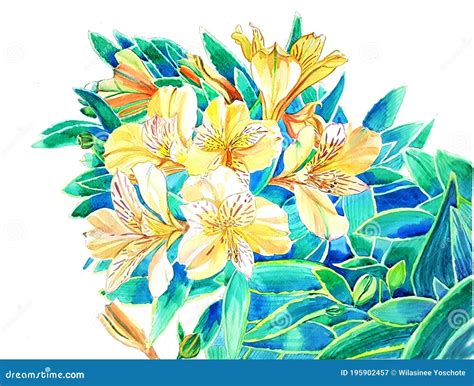 Pintura Acuarela De Flores Y Hojas De La Alstroemeria Amarilla Stock De