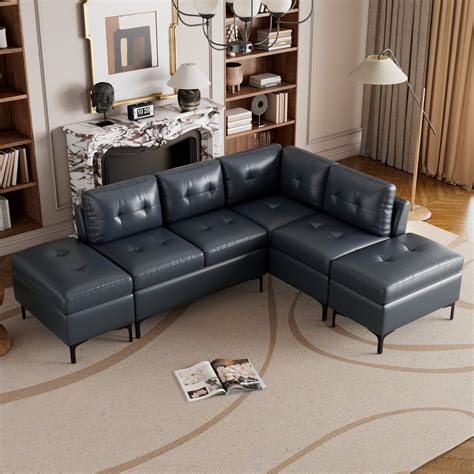 Sectional Sofa with Movable Storage Ottomans, L-Shaped Corner Sofa PU ...