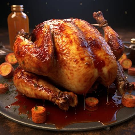 Un Pavo Asado Se Sienta En Un Plato Con Una Botella De Perfume Foto