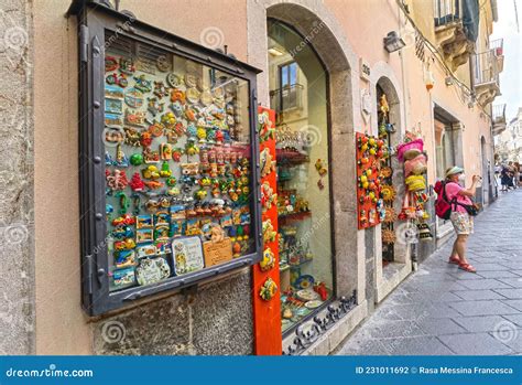 Taormina, Sicily, Italy. Souvenirs Shop in the Main Street Corso ...