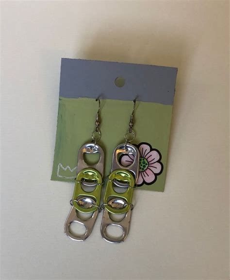 Earrings Made From One Green And Two Silver Pop Tabs Ear Wire Is Also Silver Etsy Earrings