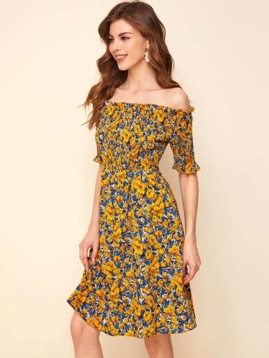 Allover Floral Off Shoulder Shirred Dress