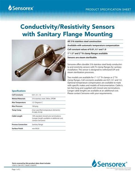 Sanitary Flange Conductivity Sensor Specifications Sensorex