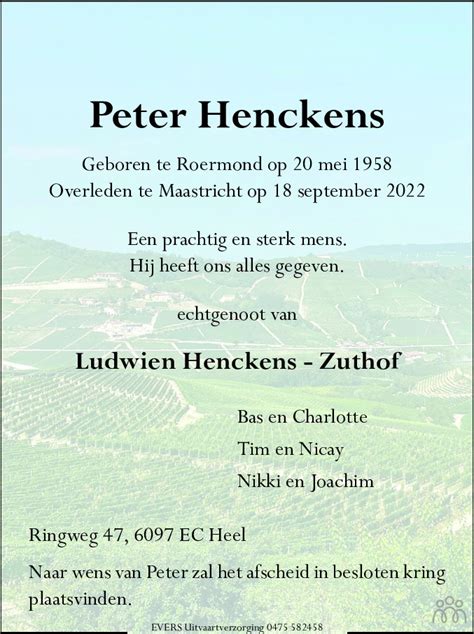 Peter Henckens 18 09 2022 Overlijdensbericht En Condoleances