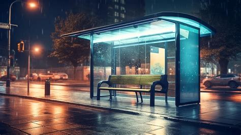 Premium Photo A Bus Stop In The Rain At Night